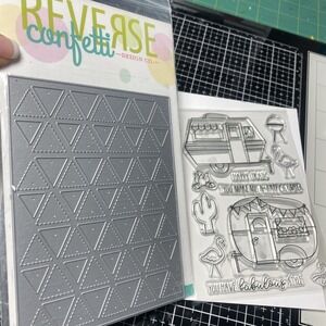 Reverse Confetti Triangle Cover Plate Die + Camper RV Trailer Clear Stamp Set